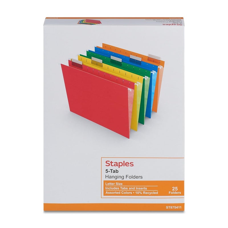 Staples Hanging File Folders, 1/5-Cut Tab, Letter Size, Includes Tabs & Paper Inserts, Perfect for Home, Office, Classroom, 25-Pack, Assorted Colors - Image 5